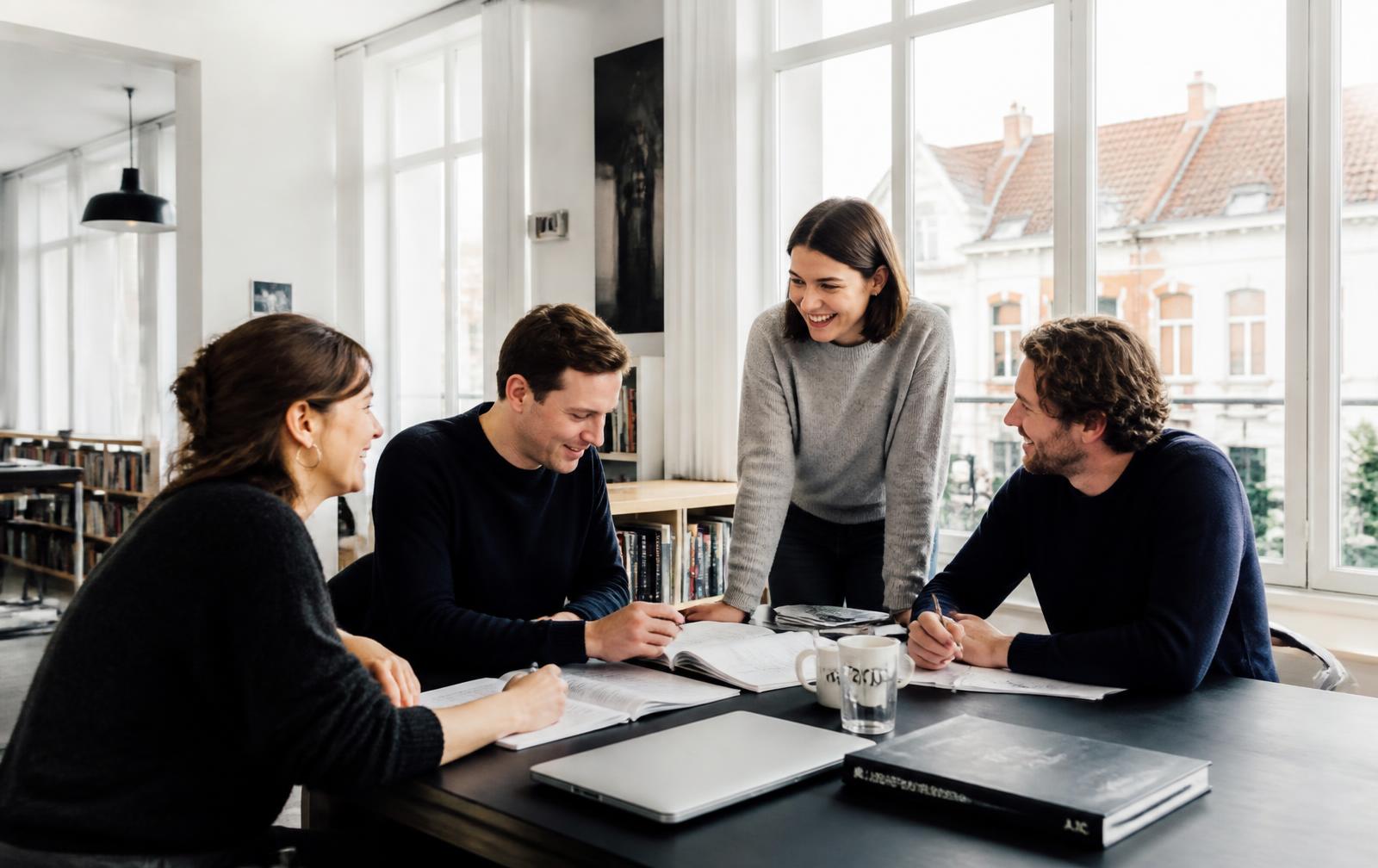 Équipe collaborant autour d'une table dans un bureau lumineux