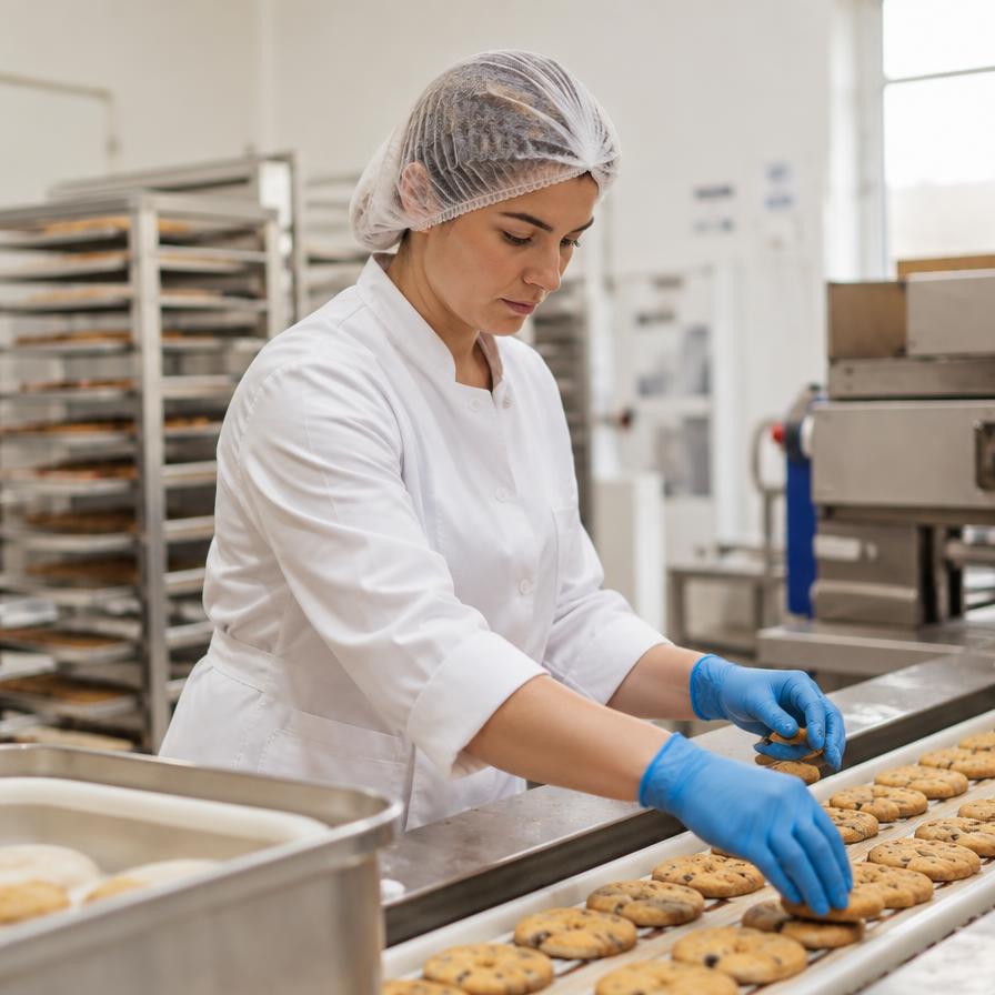 Opératrice en production alimentaire sur une ligne de biscuits