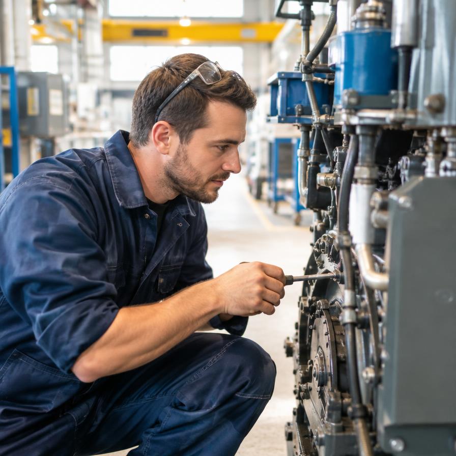 Technicien de maintenance contrôlant une machine industrielle
